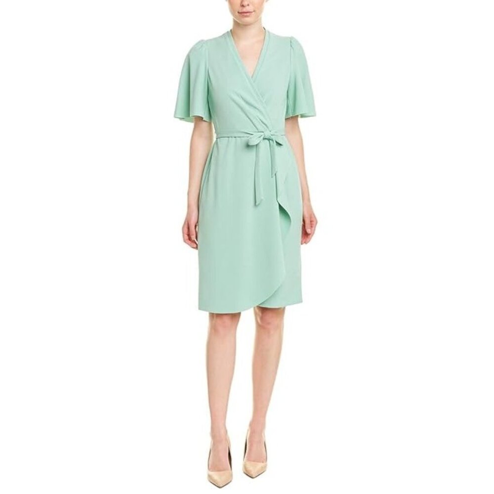 Donna Morgan Faux Wrap Dress Size 12 Mint Green Flutter Sleeve Crepe Tie NEW